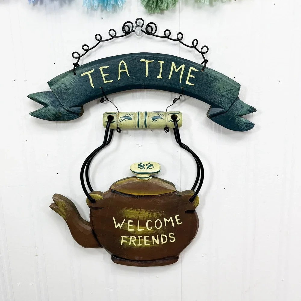 Vintage Rustic Wood Tea Time Welcome Friends Teapot Wall Hanging Kitchen Decor